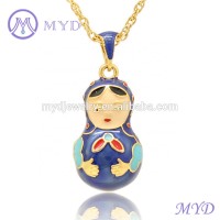 Multi-color enameled Russian matryoska doll Faberge egg pendant necklace